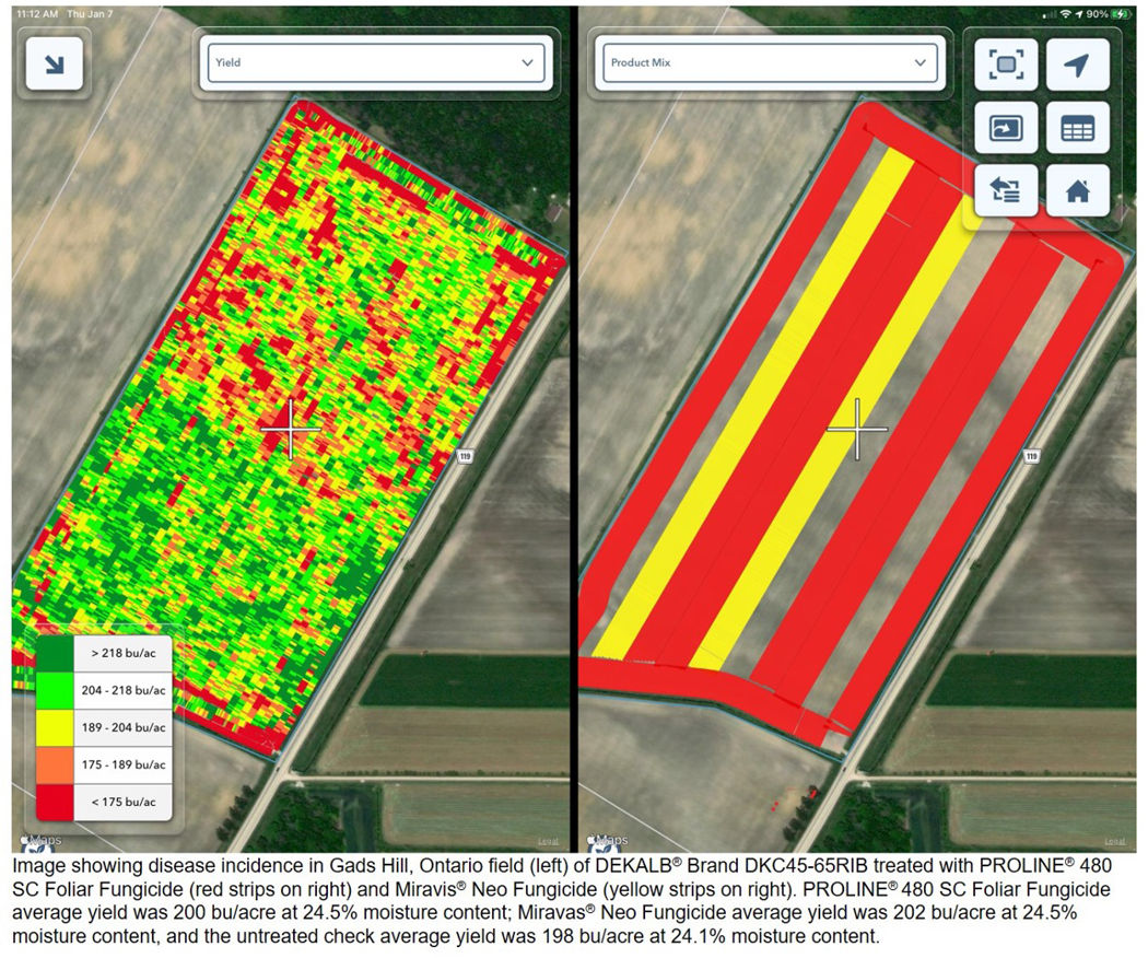 Climate FieldView™ Platform image comparison of disease incidence in field treated with PROLINE® 480 SC Foliar Fungicide and Miravis® Neo Fungicide. Average yield and moisture content for the two treatments was similar